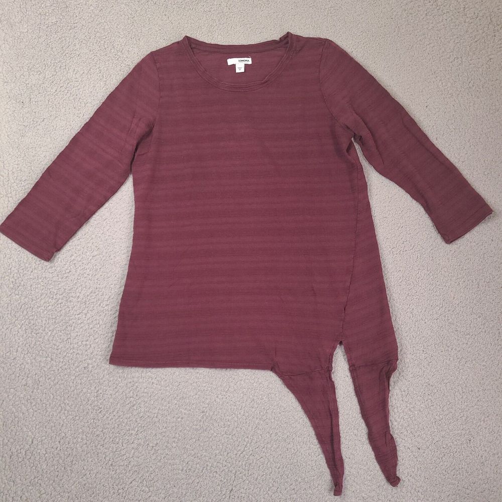 Sonoma Shirt Womens Medium Burgundy Red 3/4 Sleeve Side Tie Striped Cotton Modal